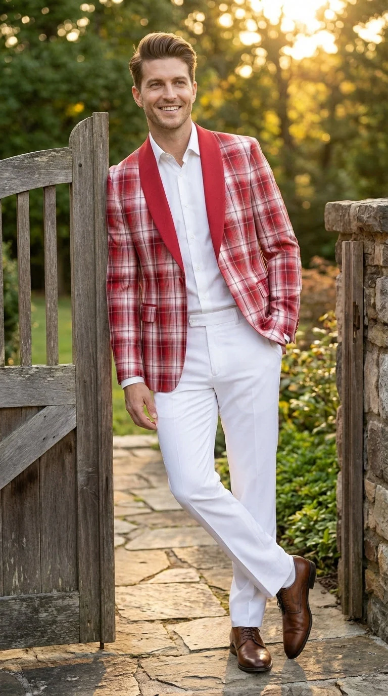 Mens Tartan Red and White Plaid Blazer – Check Pattern Sport Coat Red Shawl Lapel Party Christmas Holiday New Year - Image 9