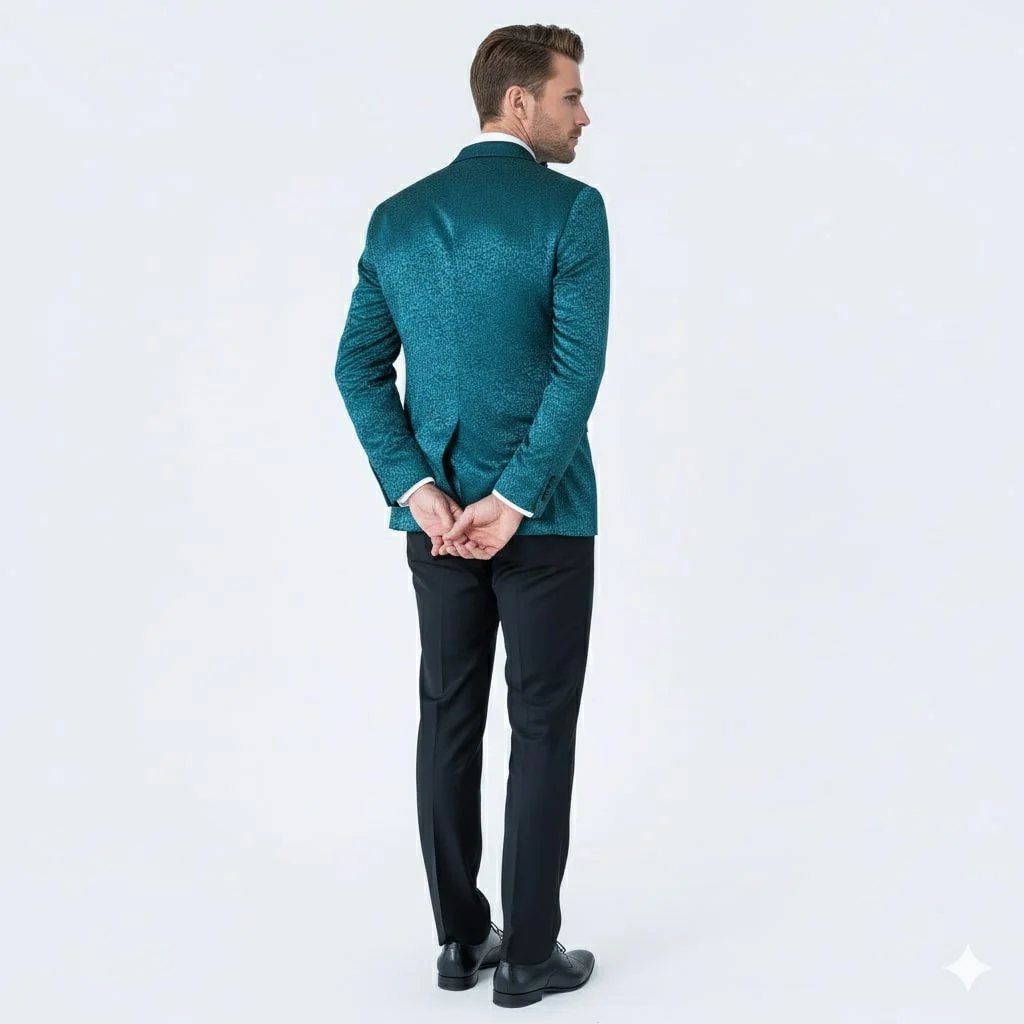 Mens Teal Blue Paisley Tuxedo Jacket – Elegant Shawl Lapel Dinner Blazer for Weddings, Prom and Formal Events - Greenish Blue - Image 2