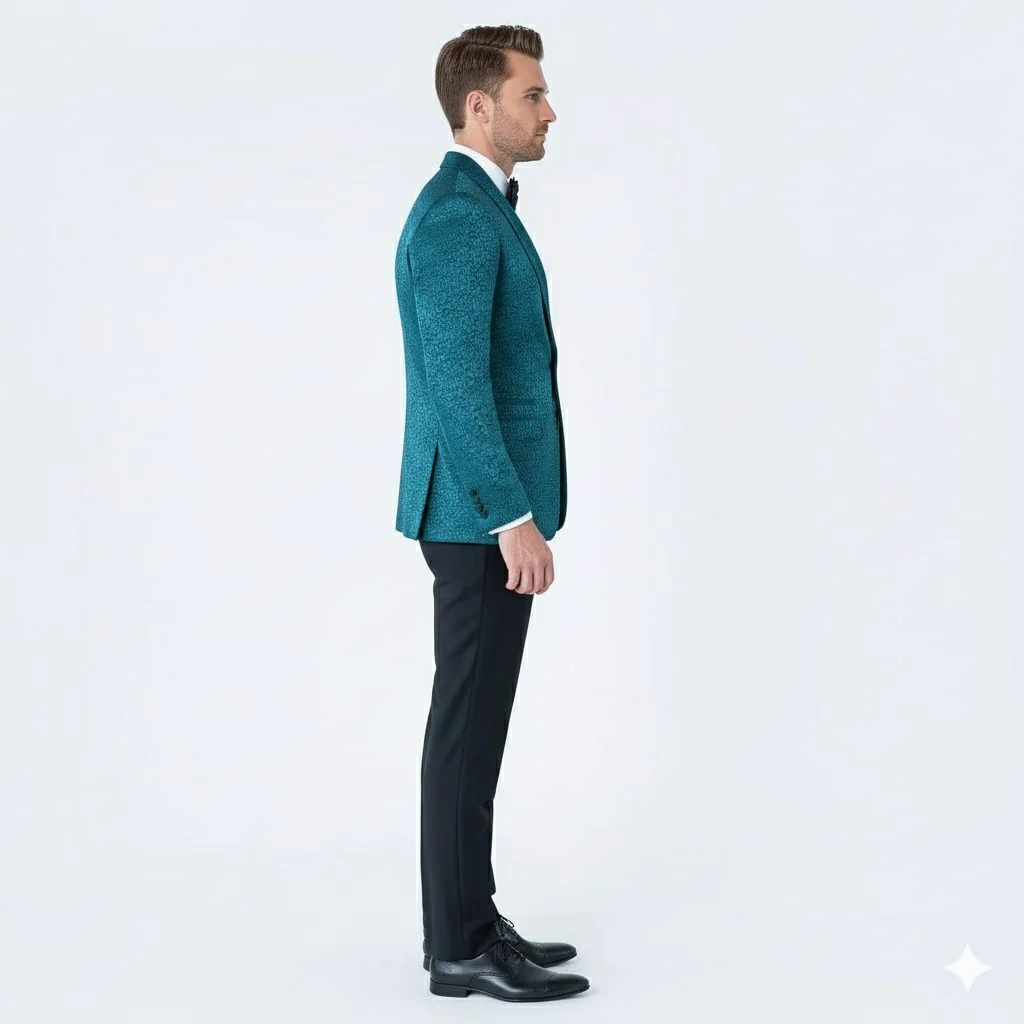 Mens Teal Blue Paisley Tuxedo Jacket – Elegant Shawl Lapel Dinner Blazer for Weddings, Prom and Formal Events - Greenish Blue - Image 3