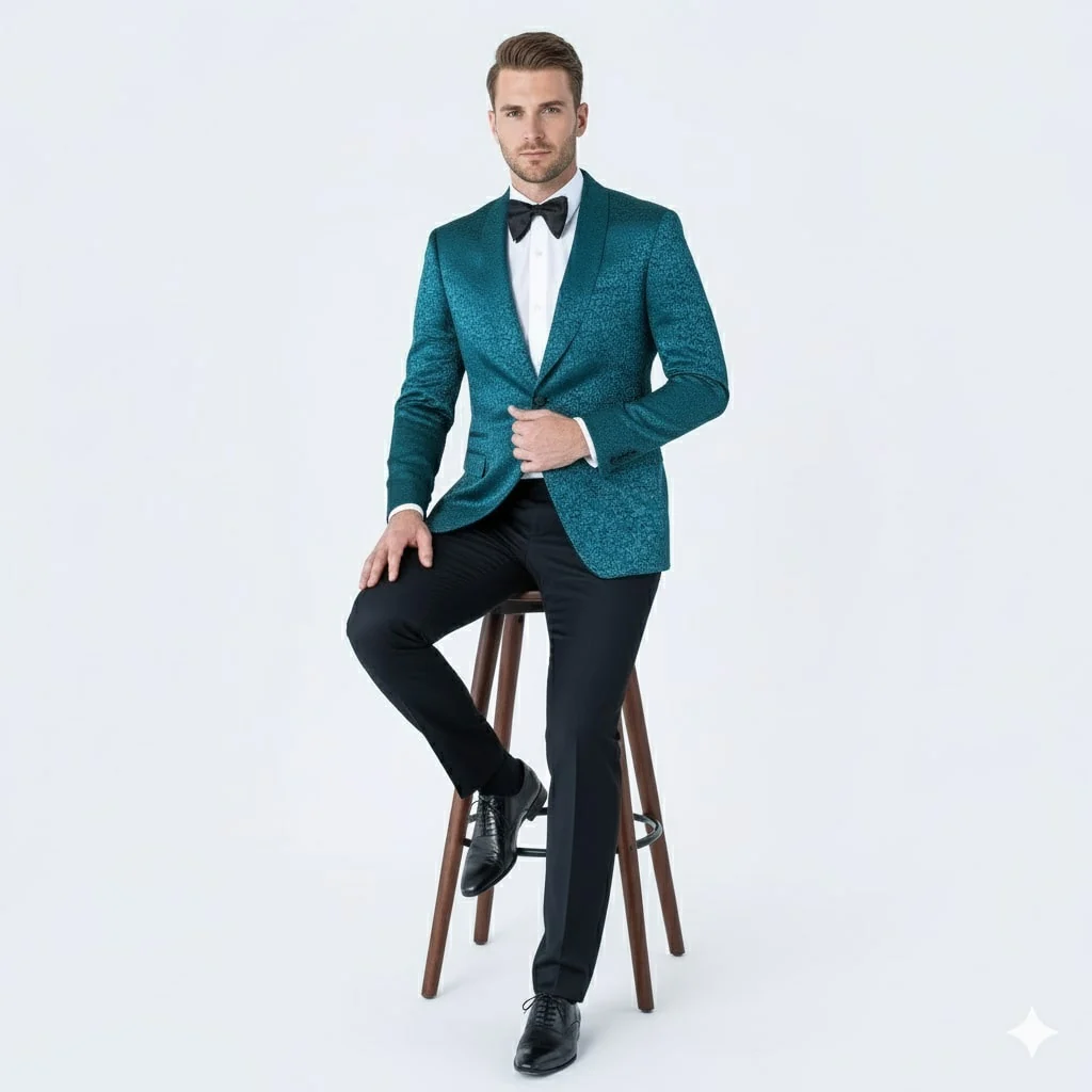 Mens Teal Blue Paisley Tuxedo Jacket – Elegant Shawl Lapel Dinner Blazer for Weddings, Prom and Formal Events - Greenish Blue - Image 4