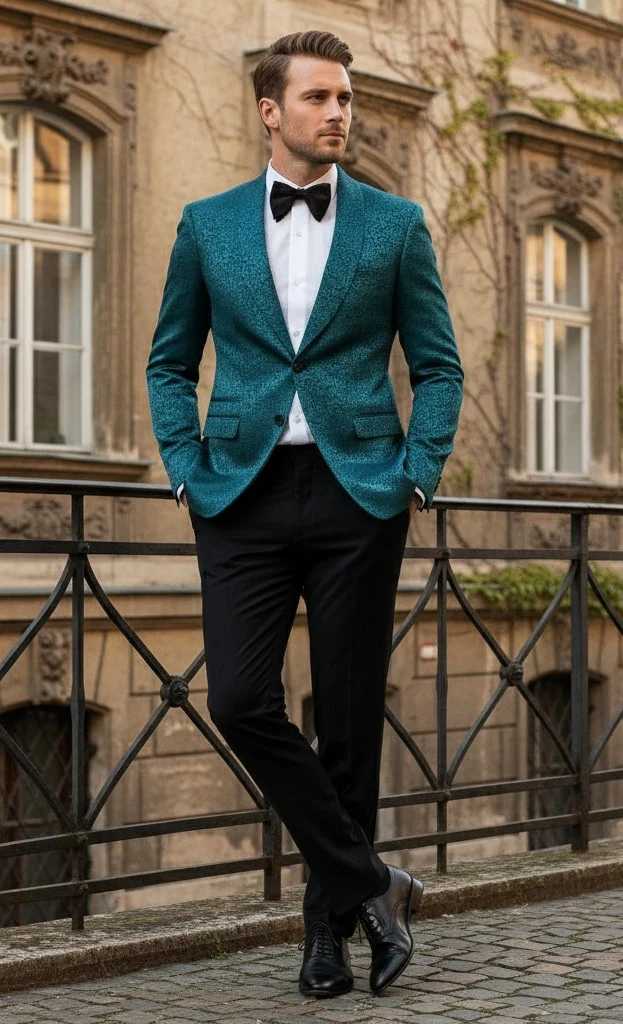 Mens Teal Blue Paisley Tuxedo Jacket – Elegant Shawl Lapel Dinner Blazer for Weddings, Prom and Formal Events - Greenish Blue - Image 5