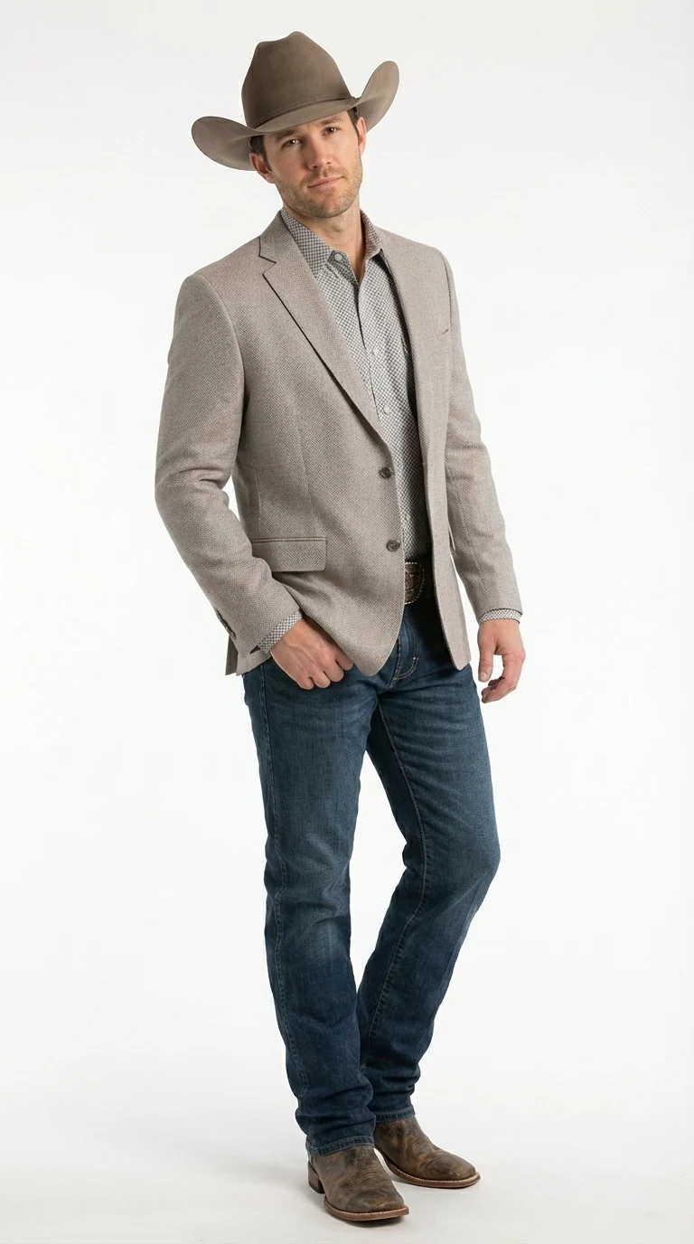 Mens Textured  Light Grey Western Blazer – Cowboy Style Casual Sport Coat for Men Classic Western Jacket - Image 2