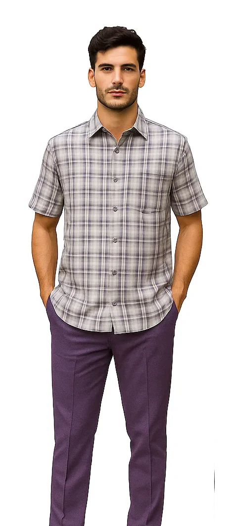 Mens Textured Plaid Walking Suit in Lavender/Off White by Dreams by Zacchi – 2 Piece Leisure Outfit with Matching Shirt and Pants - $99 - Image 5