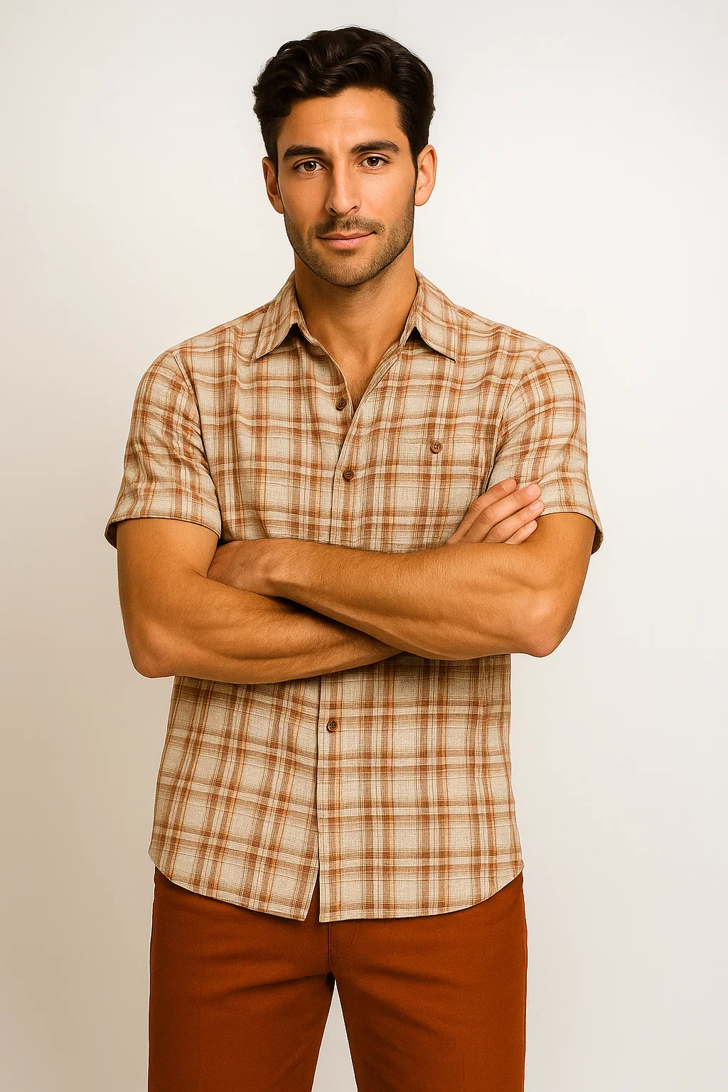 Mens Textured Plaid Walking Suit in Papaya/Cream by Dreams by Zacchi – 2 Piece Leisure Outfit with Matching Shirt and Pants - $99 - Image 2