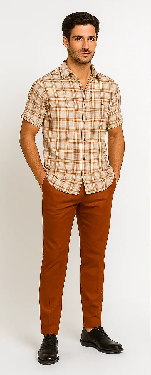 Mens Textured Plaid Walking Suit in Papaya/Cream by Dreams by Zacchi – 2 Piece Leisure Outfit with Matching Shirt and Pants - $99 - Image 3