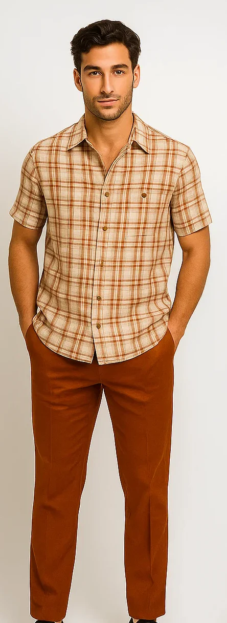 Mens Textured Plaid Walking Suit in Papaya/Cream by Dreams by Zacchi – 2 Piece Leisure Outfit with Matching Shirt and Pants - $99 - Image 5