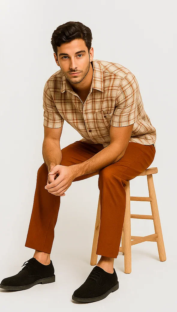 Mens Textured Plaid Walking Suit in Papaya/Cream by Dreams by Zacchi – 2 Piece Leisure Outfit with Matching Shirt and Pants - $99 - Image 6