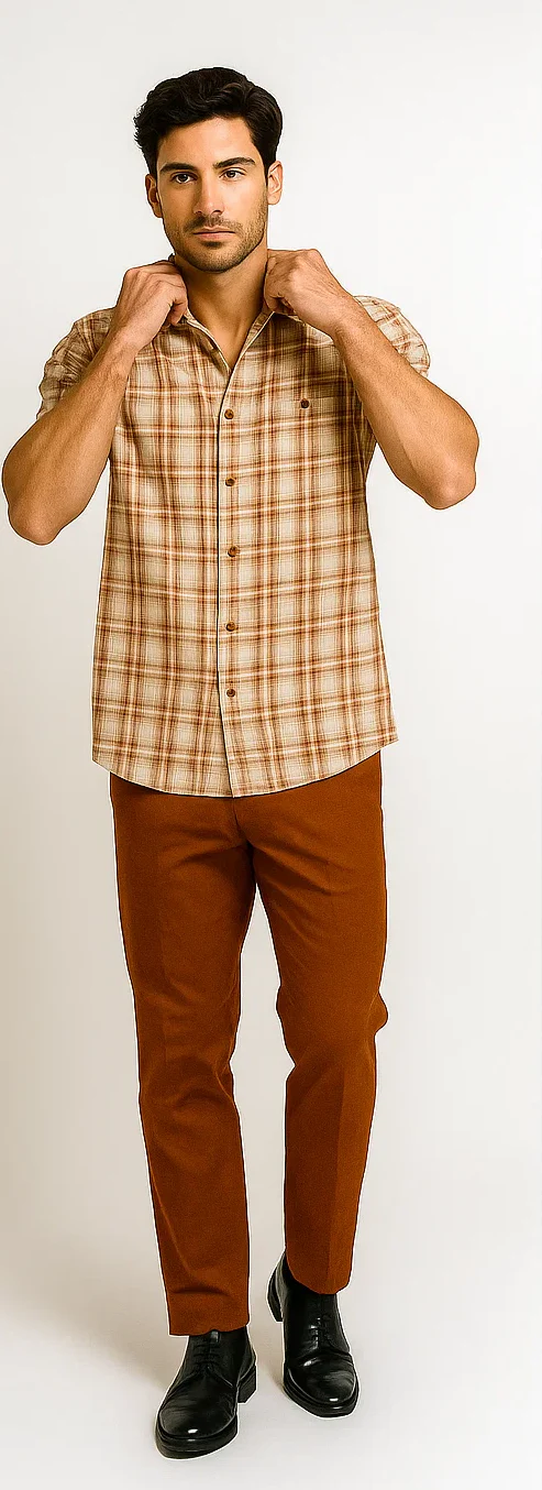 Mens Textured Plaid Walking Suit in Papaya/Cream by Dreams by Zacchi – 2 Piece Leisure Outfit with Matching Shirt and Pants - $99 - Image 7