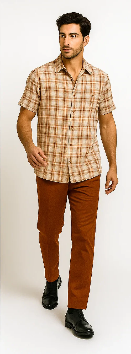 Mens Textured Plaid Walking Suit in Papaya/Cream by Dreams by Zacchi – 2 Piece Leisure Outfit with Matching Shirt and Pants - $99 - Image 8