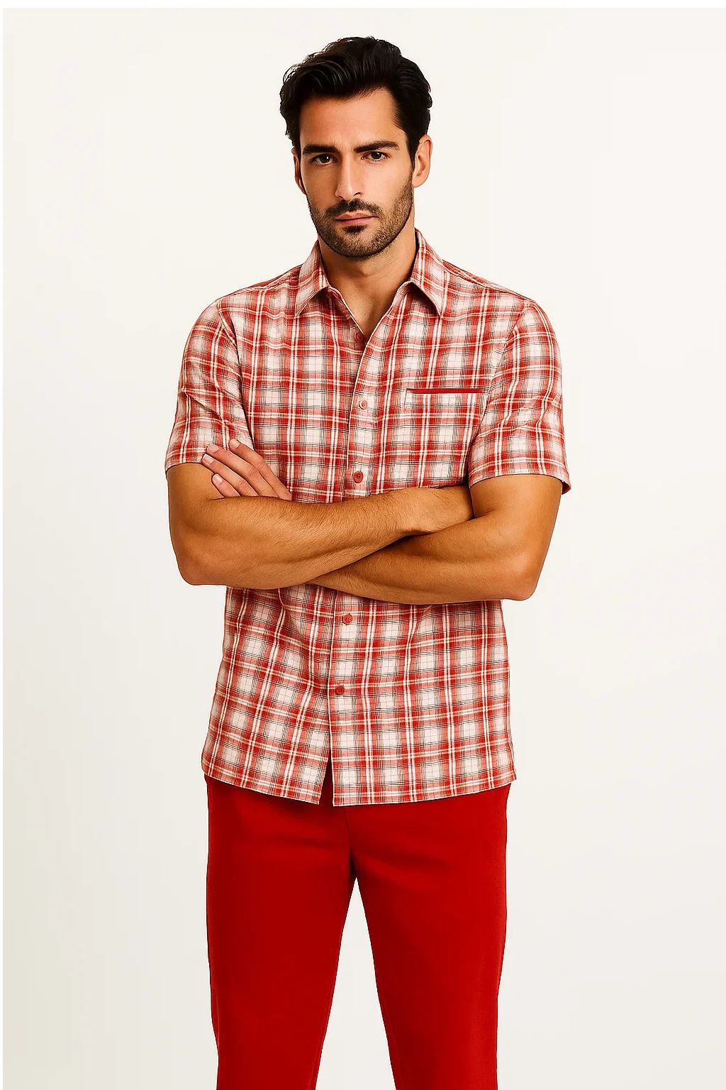 Mens Textured Plaid Walking Suit in Red/Off White by Dreams by Zacchi – 2 Piece Leisure Outfit with Matching Shirt and Pants - $99 - Image 2