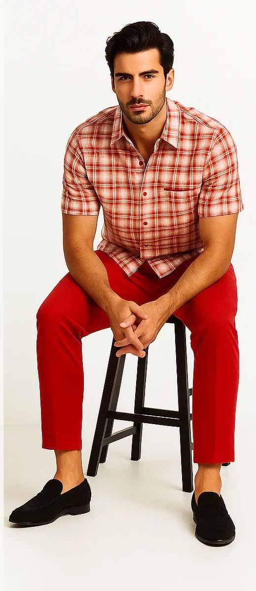 Mens Textured Plaid Walking Suit in Red/Off White by Dreams by Zacchi – 2 Piece Leisure Outfit with Matching Shirt and Pants - $99 - Image 6