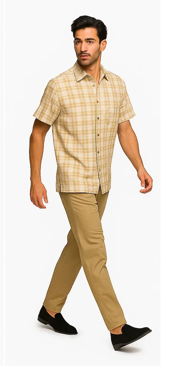 Mens Textured Plaid Walking Suit in Tan/cream by Dreams by Zacchi – 2 Piece Leisure Outfit with Matching Shirt and Pants - $99 - Image 8