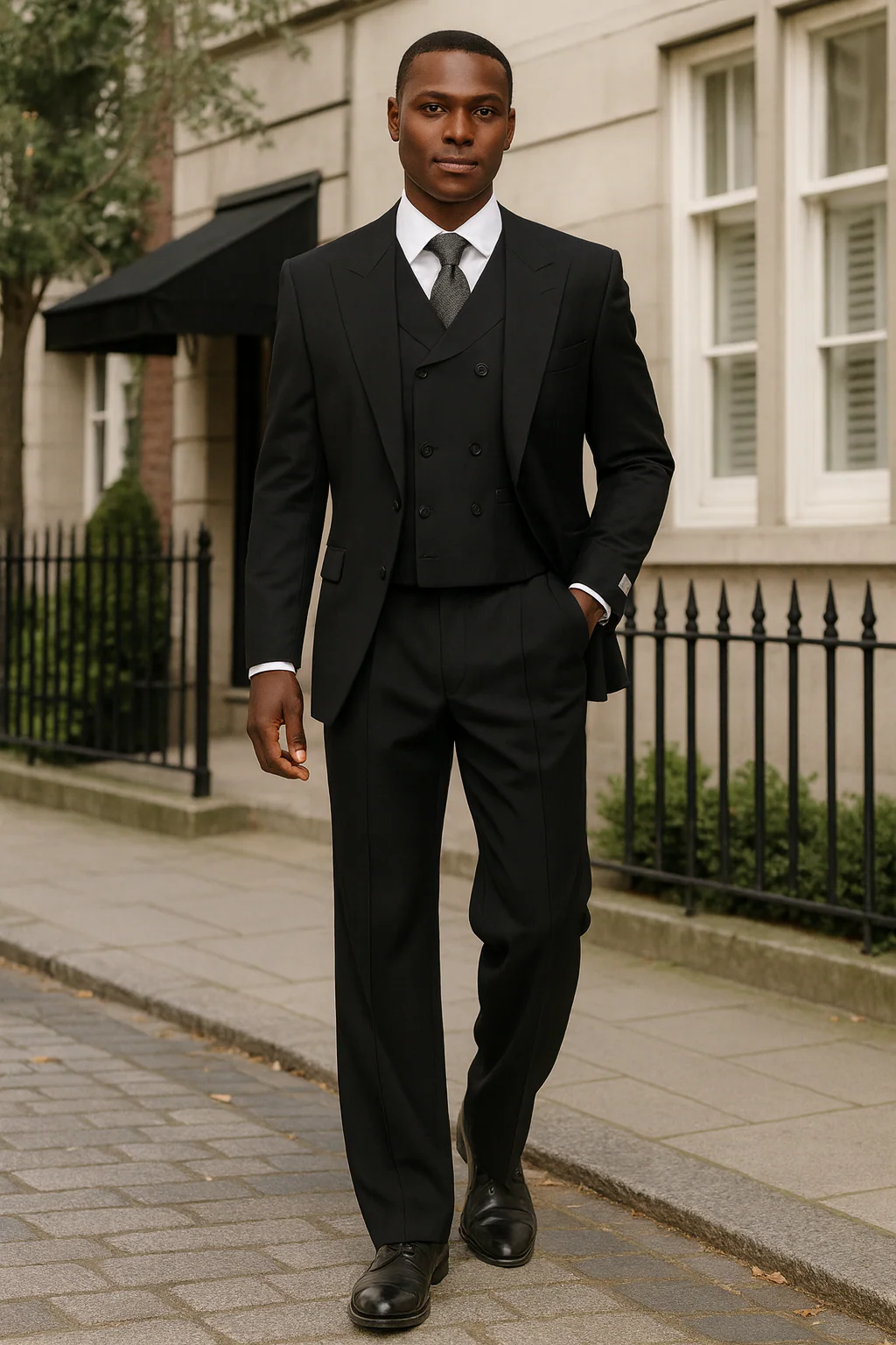 Mens Tiglio Rosso Suit - Wide Leg Baggy Pants - 100% Wool  Black Three-Piece Suit with Double-Breasted Vest and Peak Lapel - Image 4