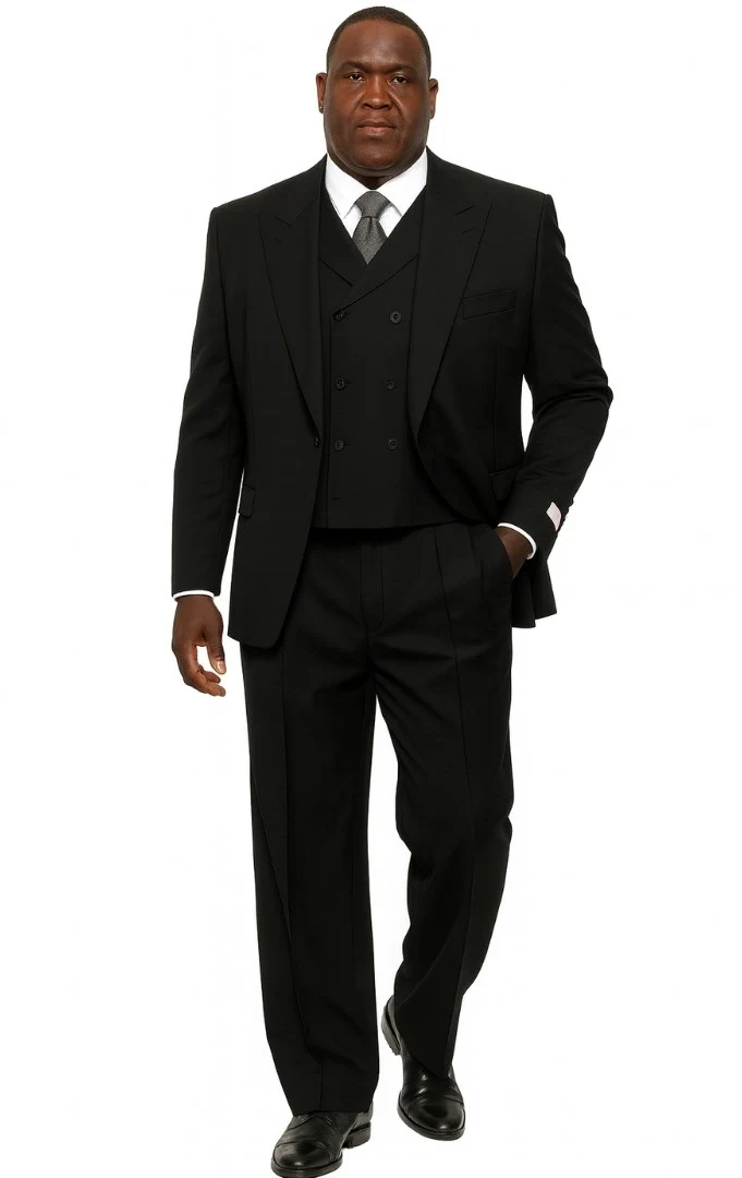 Mens Tiglio Rosso Suit - Wide Leg Baggy Pants - 100% Wool  Black Three-Piece Suit with Double-Breasted Vest and Peak Lapel - Image 5