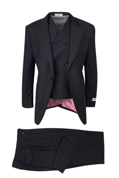 Mens Tiglio Rosso Suit - Wide Leg Baggy Pants - 100% Wool  Black Three-Piece Suit with Double-Breasted Vest and Peak Lapel - Image 6