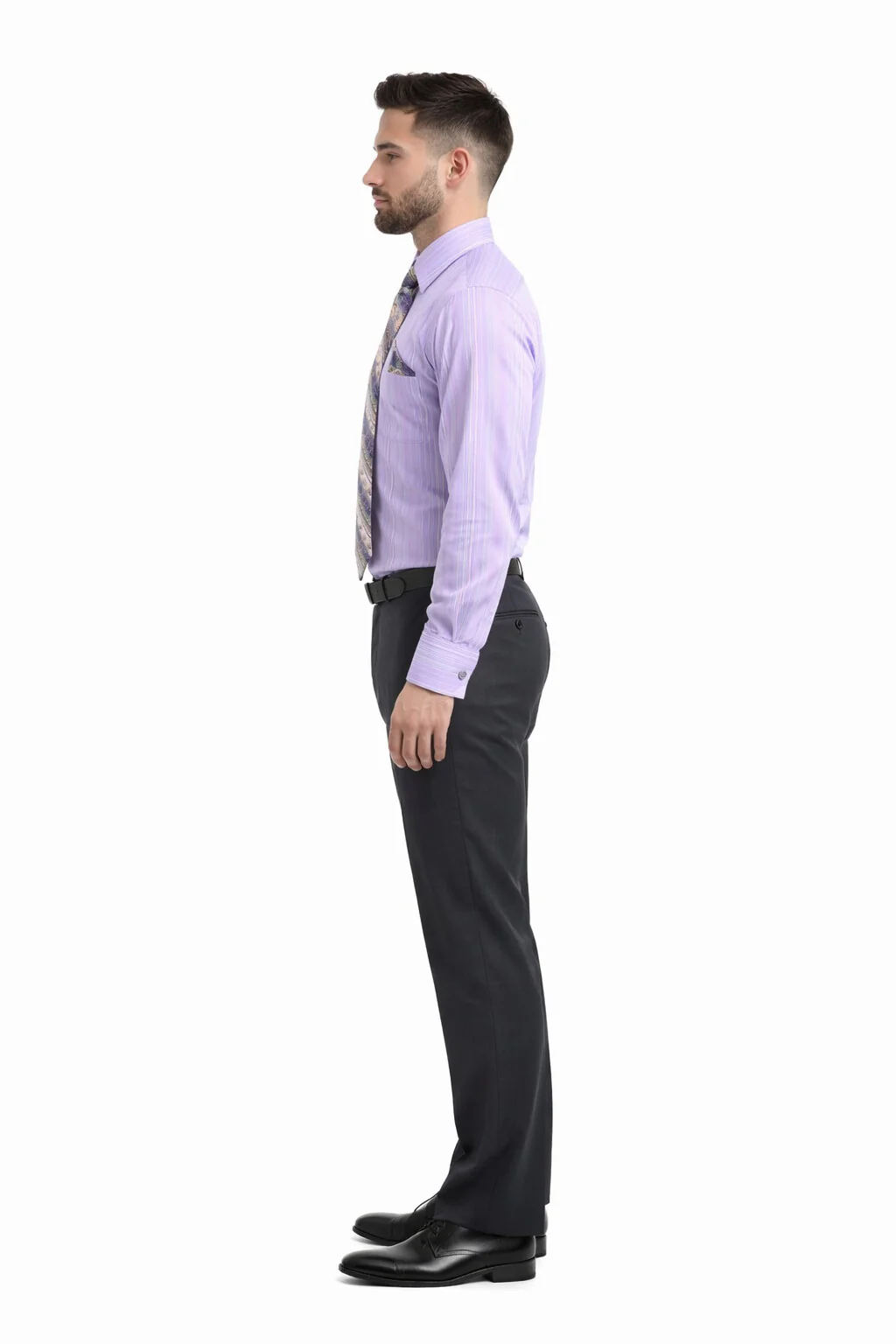 Men's Tonal Stripe French Cuff Dress Shirt, Tie & Hanky Set in Lavender - Image 3