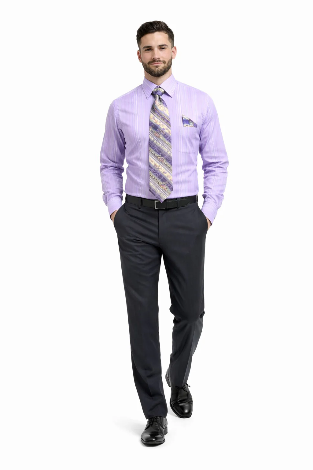 Men's Tonal Stripe French Cuff Dress Shirt, Tie & Hanky Set in Lavender - Image 4