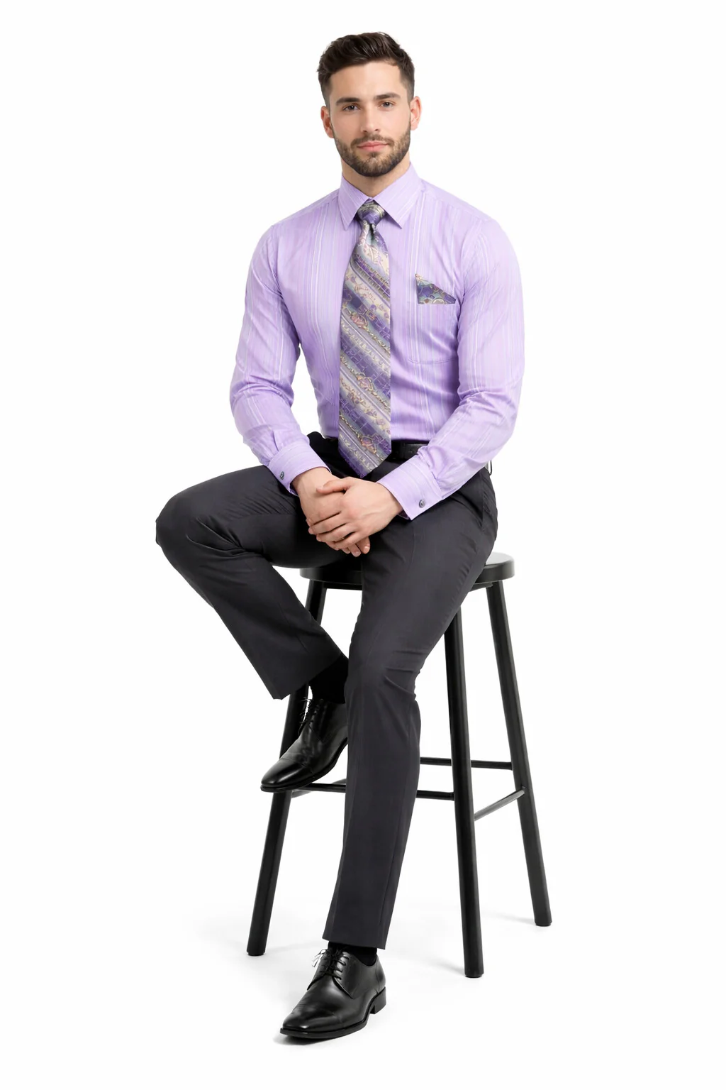 Men's Tonal Stripe French Cuff Dress Shirt, Tie & Hanky Set in Lavender - Image 5