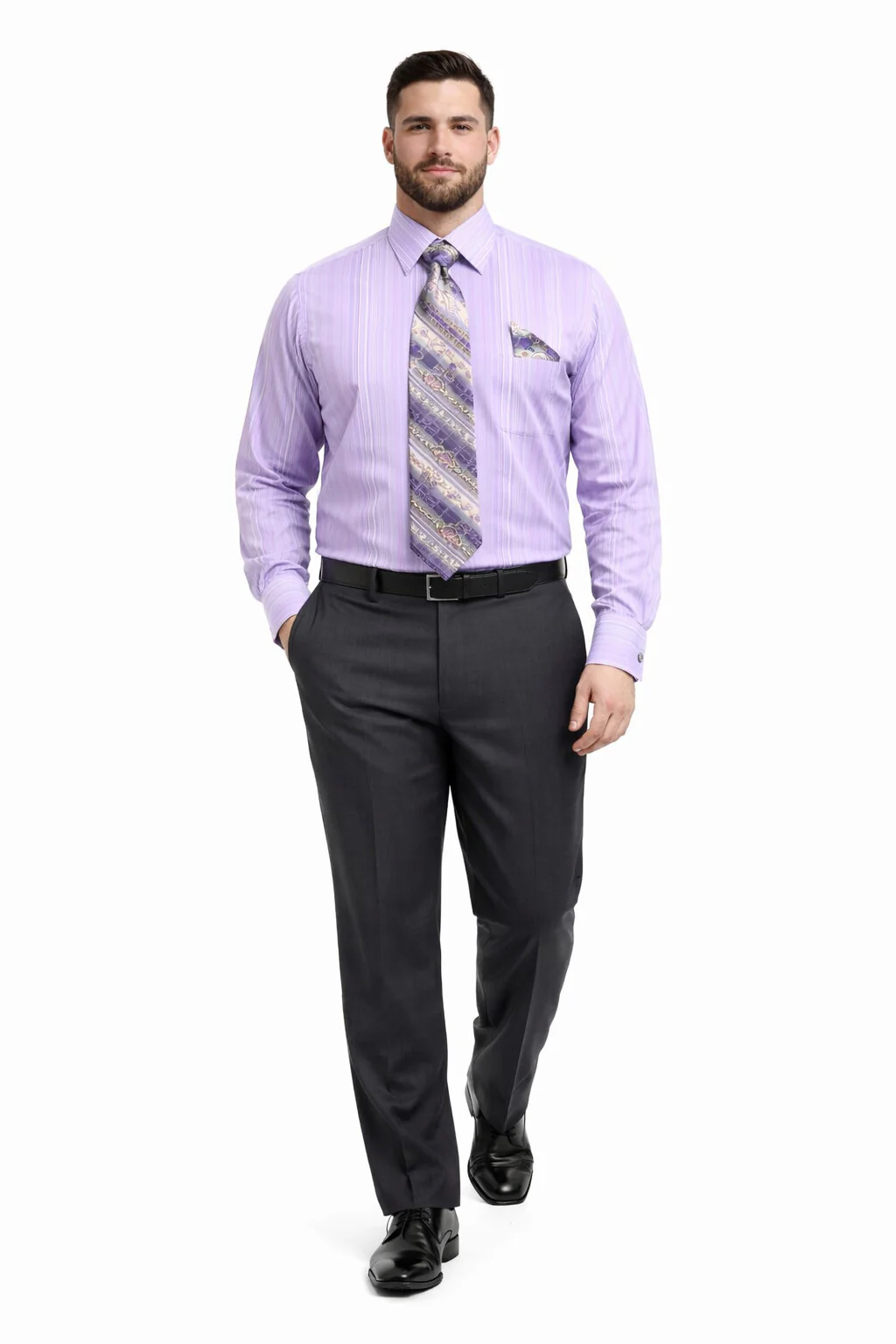 Men's Tonal Stripe French Cuff Dress Shirt, Tie & Hanky Set in Lavender - Image 6