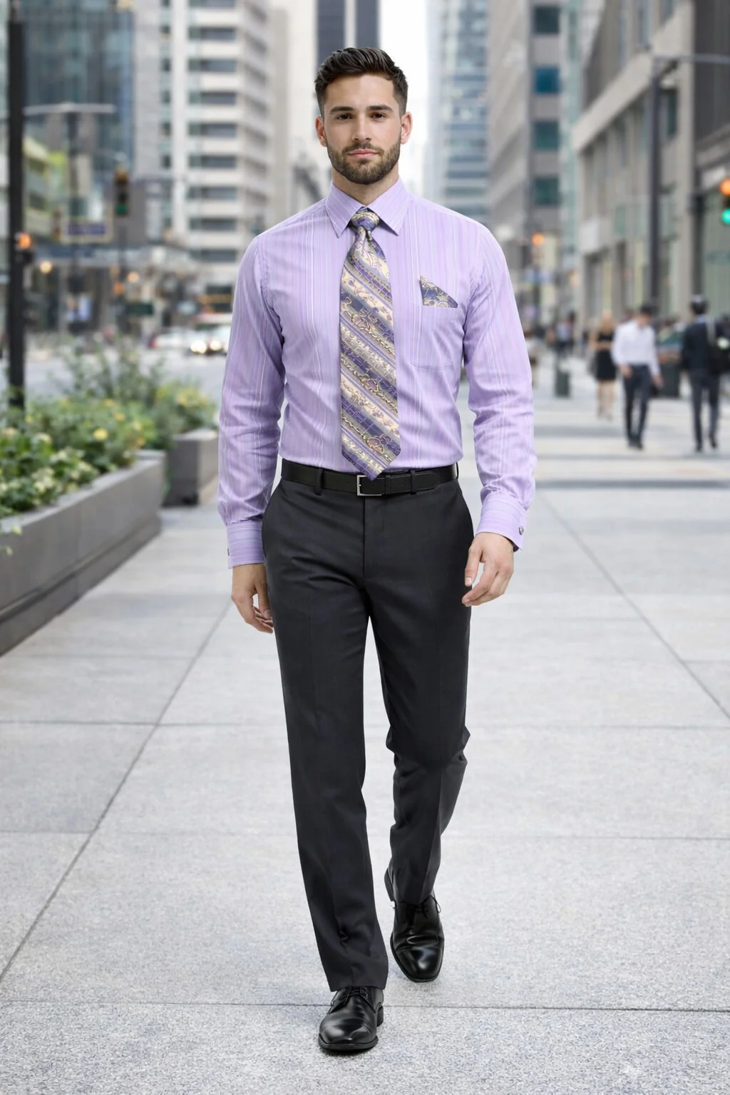 Men's Tonal Stripe French Cuff Dress Shirt, Tie & Hanky Set in Lavender - Image 7
