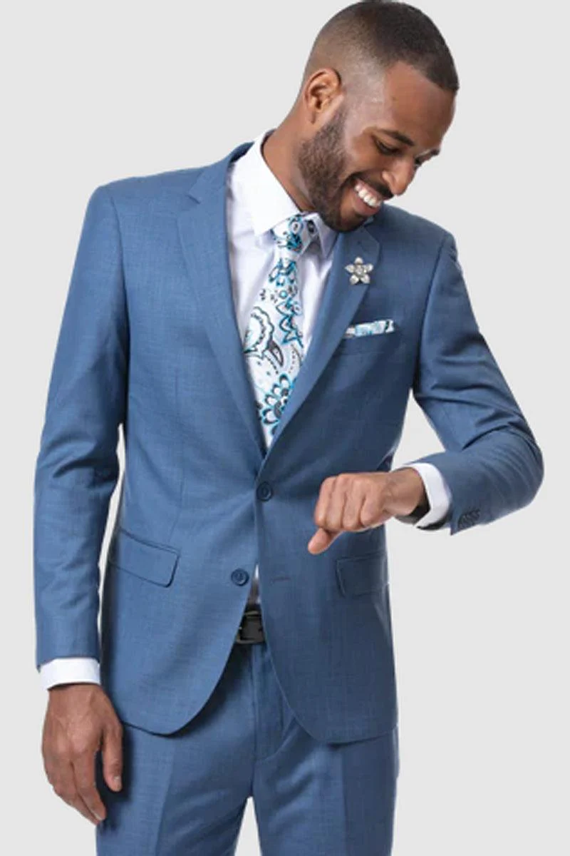 EJ Samuel Men's Sharkskin Modern Fit Suit, French Blue, 2-Button
