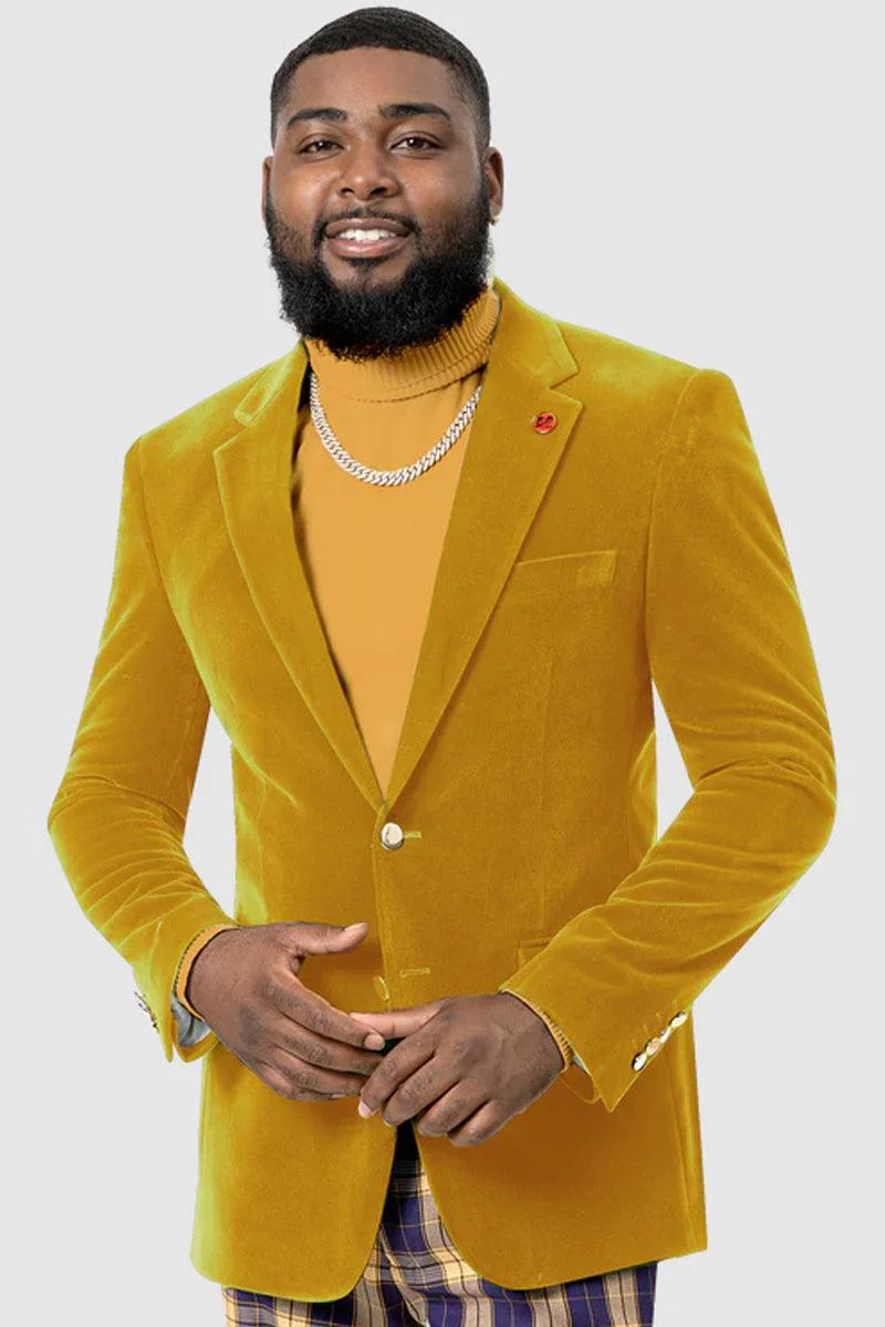 "EJ Samuel Mustard Velvet Blazer: Modern Fit, 2-Button Look"