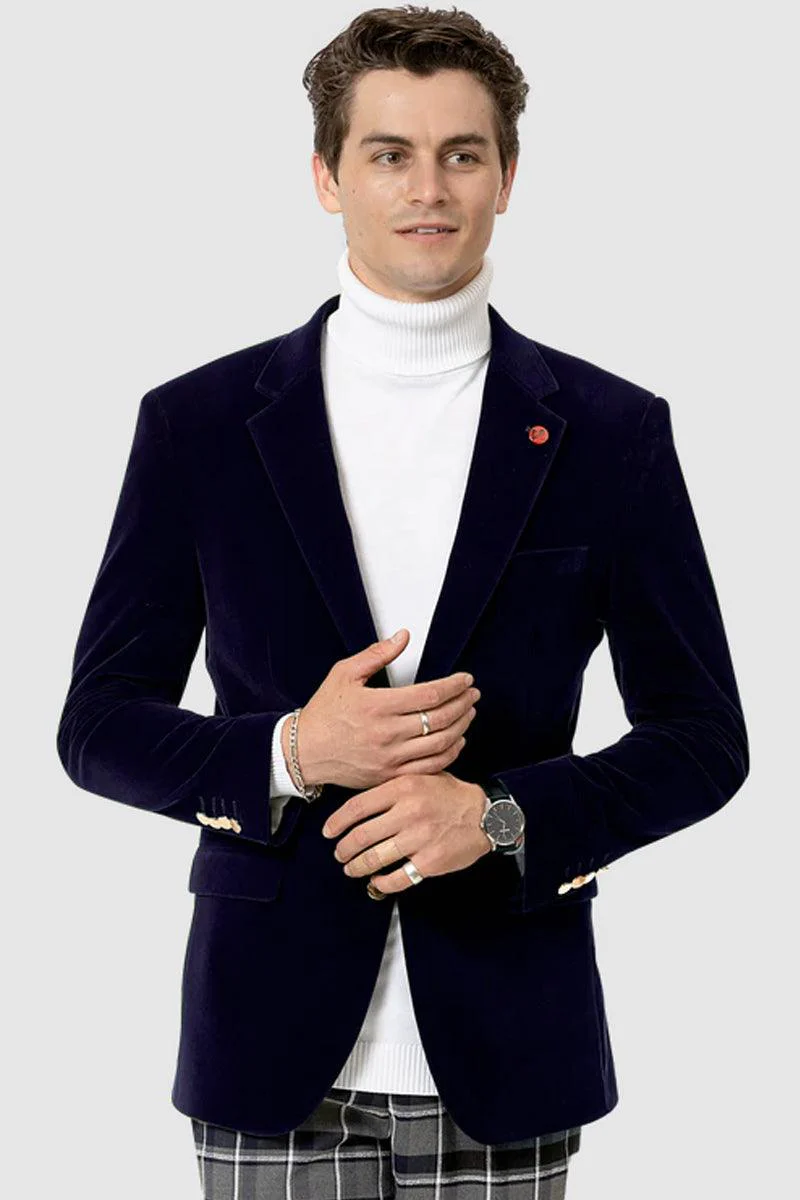 EJ Samuel Men's Navy Blue Velvet Modern-Fit 2-Button Blazer
