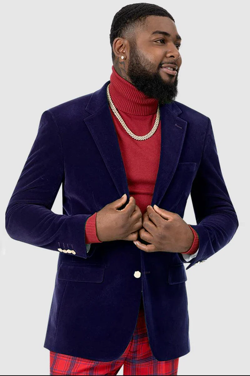 "EJ Samuel Luxury Royal Blue Velvet 2-Button Modern Fit Blazer"