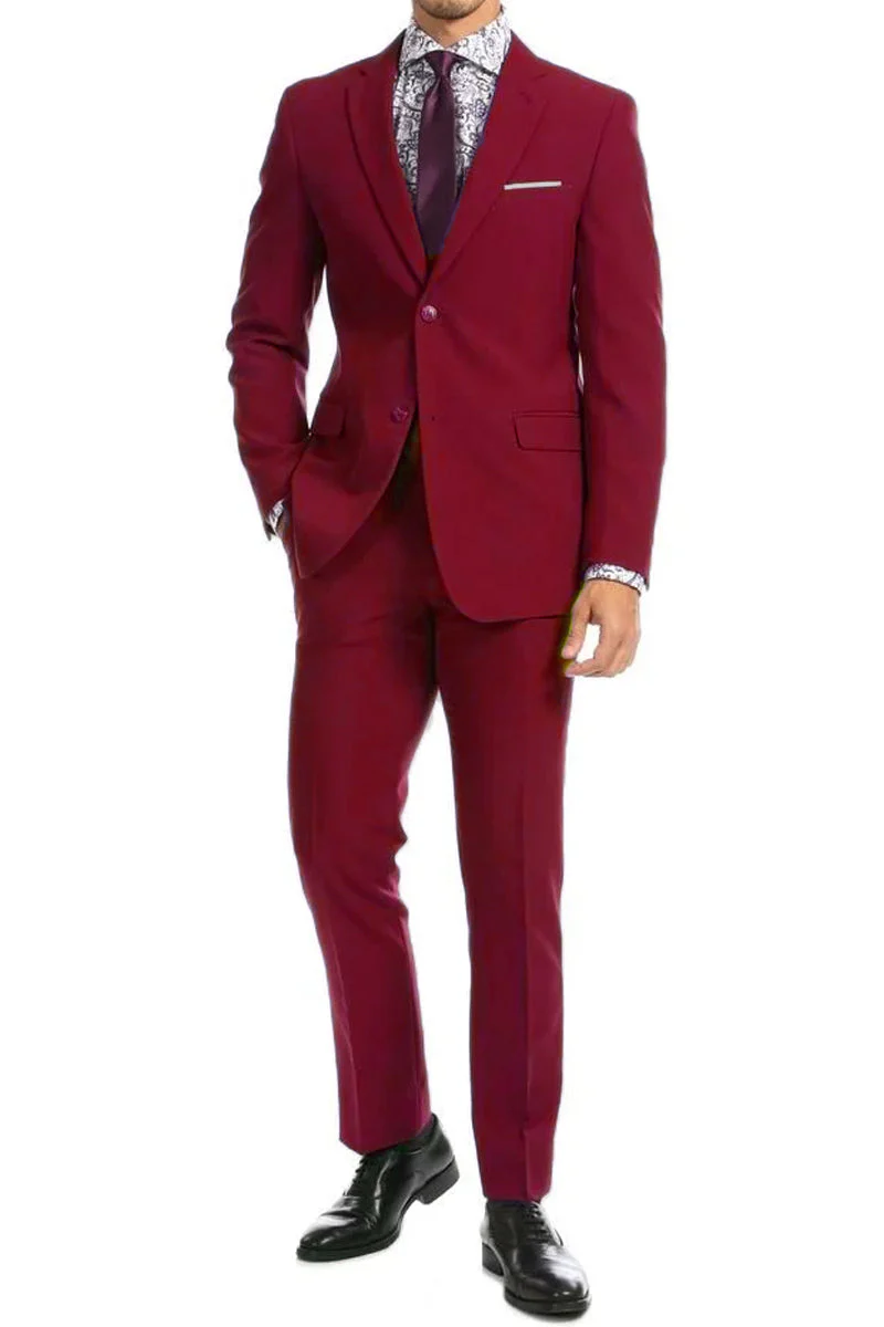 Apollo King "Burgundy Modern Fit Men's Suit - Two Button Wool Feel Suit - Designer Brand"