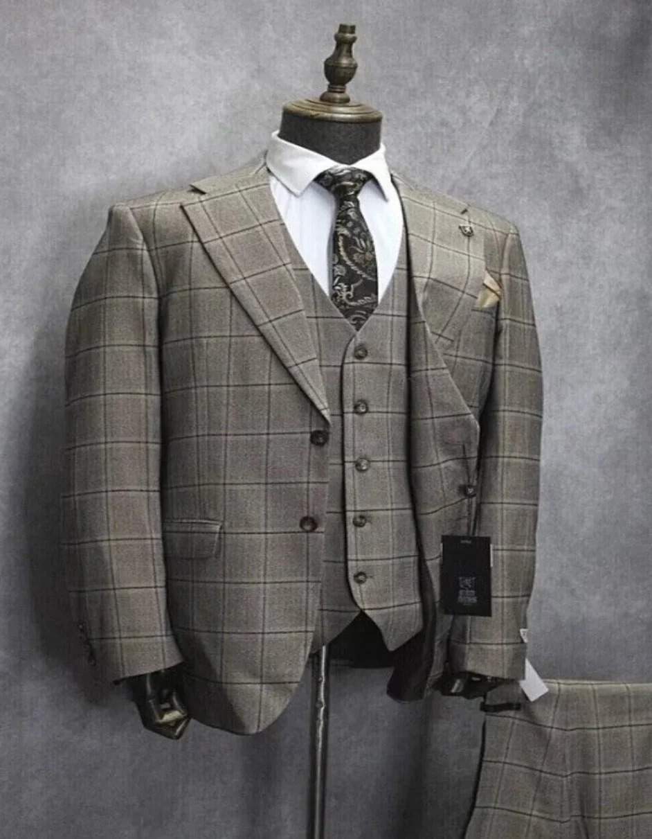 Mens Two Button Notch Lapel Plaid Pattern Suit Tan ~ Brown - Image 2