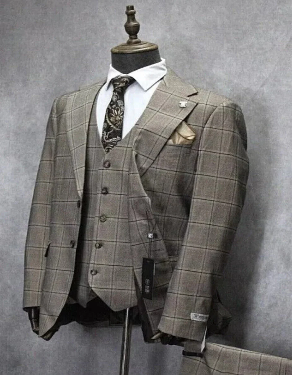 Mens Two Button Notch Lapel Plaid Pattern Suit Tan ~ Brown - Image 3