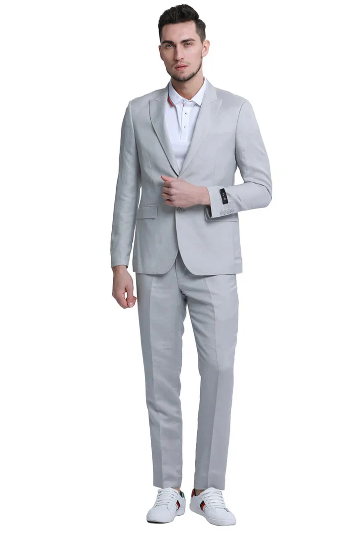Men's Two Button Peak Lapel Summer Linen Style Beach Wedding Suit in Light Grey - Image 2