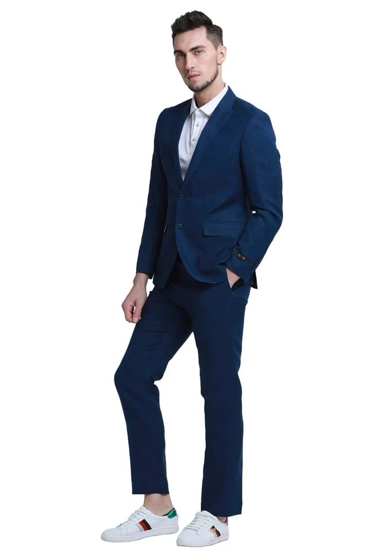 Men's Two Button Peak Lapel Summer Linen Style Beach Wedding Suit in Navy Blue - Image 2