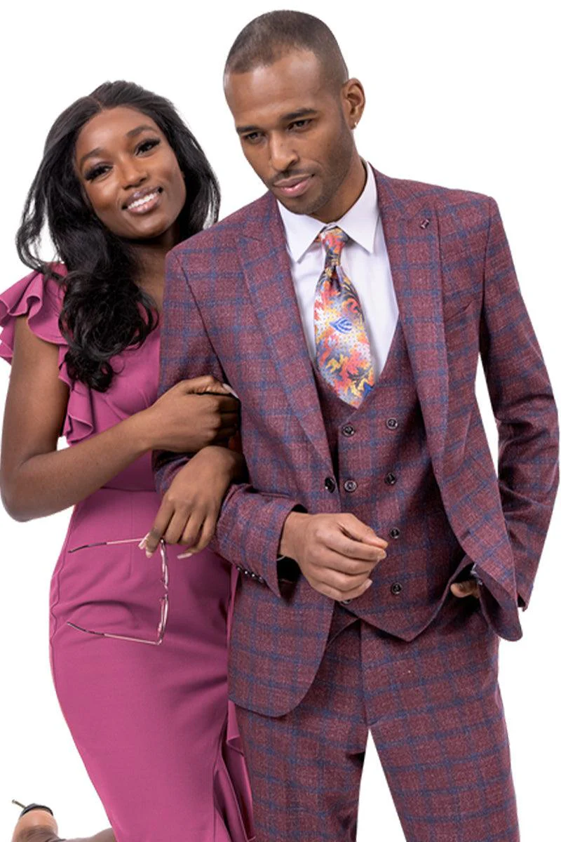EJ Samuel Classic Peak Lapel Vested Suit in Burgundy Windowpane Plaid