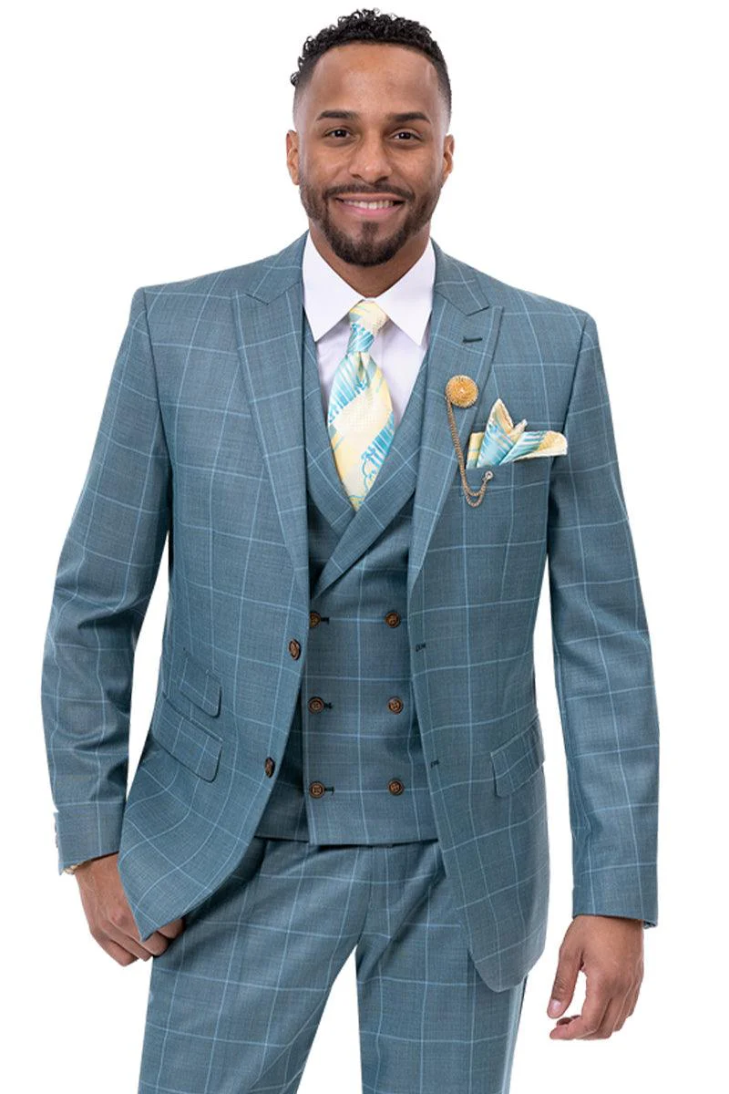 EJ Samuel Vested Teal Suit - 2-Button Peak Lapel Windowpane Plaid