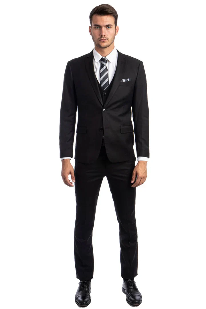 Men's Two Button Slim Fit Vested Solid Basic Color Suit in Black - Image 2