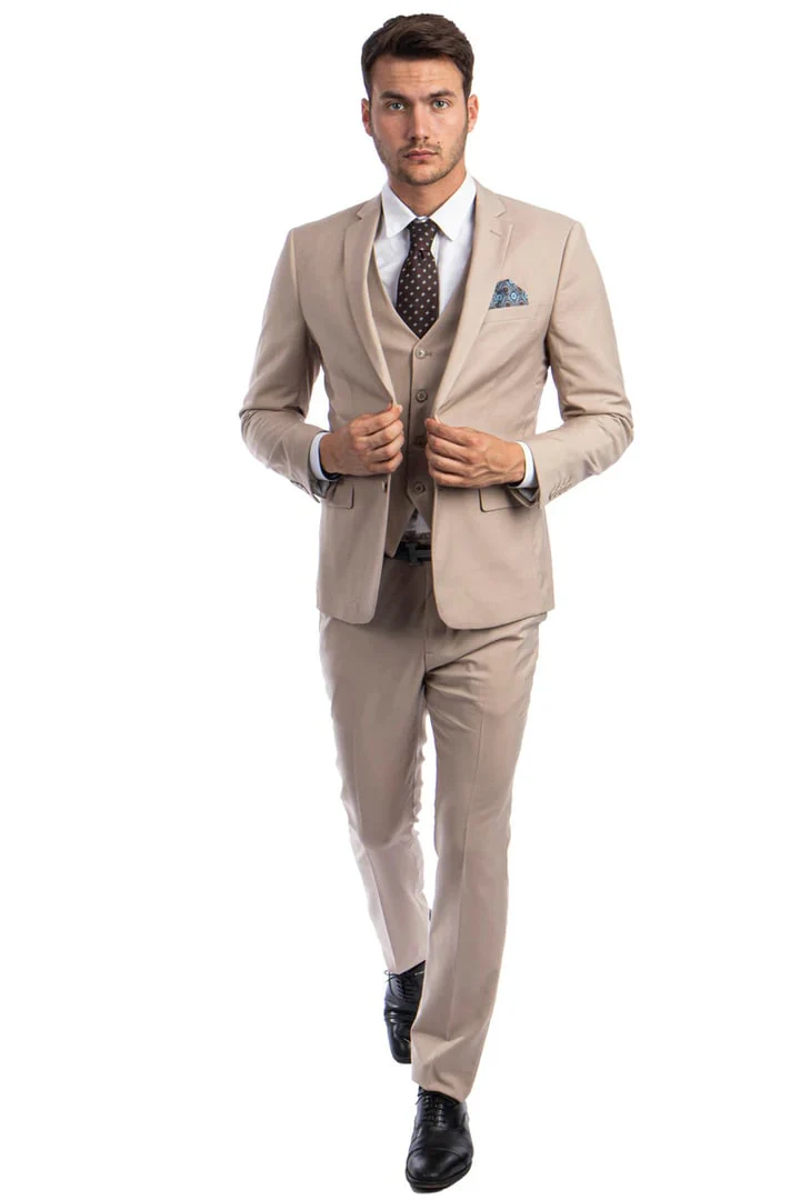 Men's Two Button Slim Fit Vested Solid Basic Color Suit in Medium Tan - Image 2