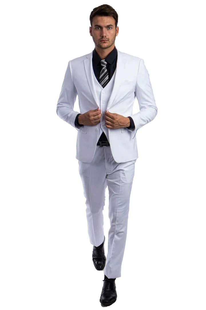 Men's Two Button Slim Fit Vested Solid Basic Color Suit in White - Image 2