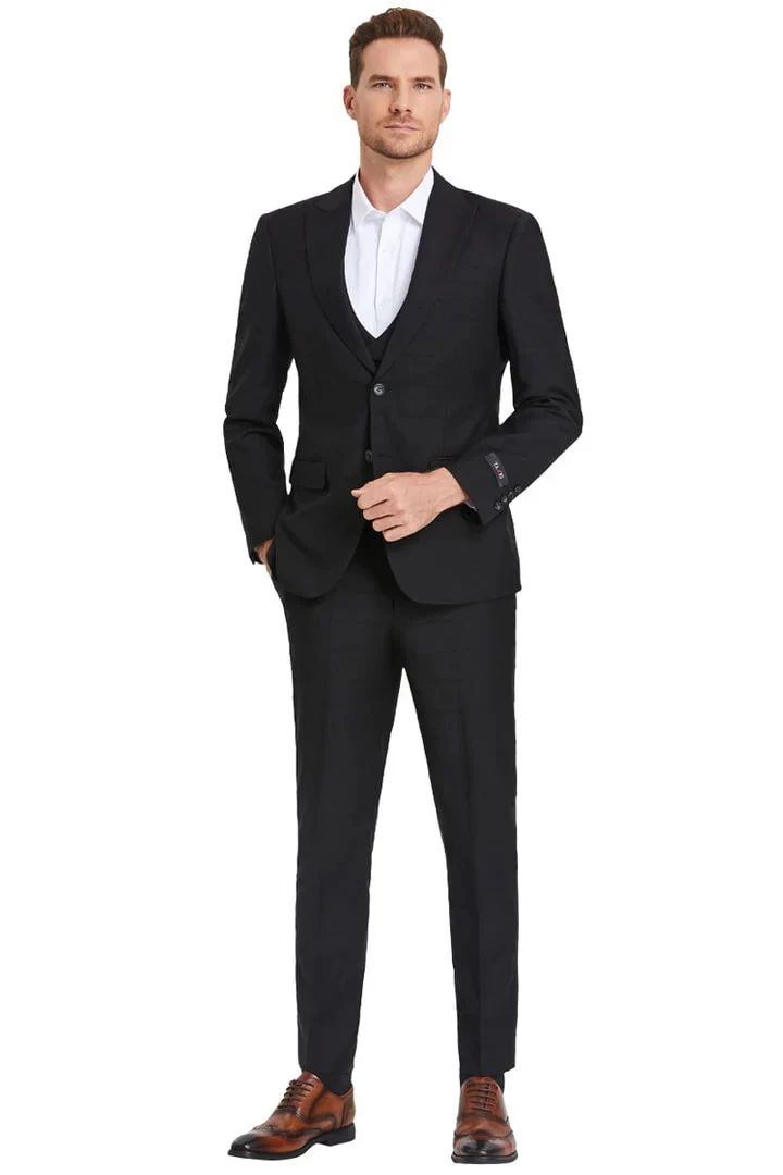 Men's Two Button Vested Peak Lapel Sharkskin Suit In Black Windowpane Plaid - Image 2