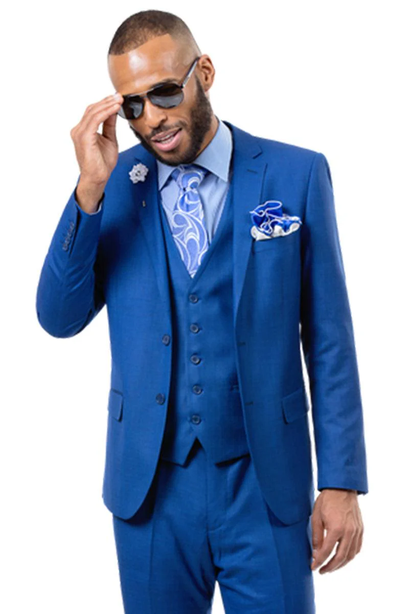 EJ Samuel Men's Two-Button Midnight Sharkskin Vested Business Suit