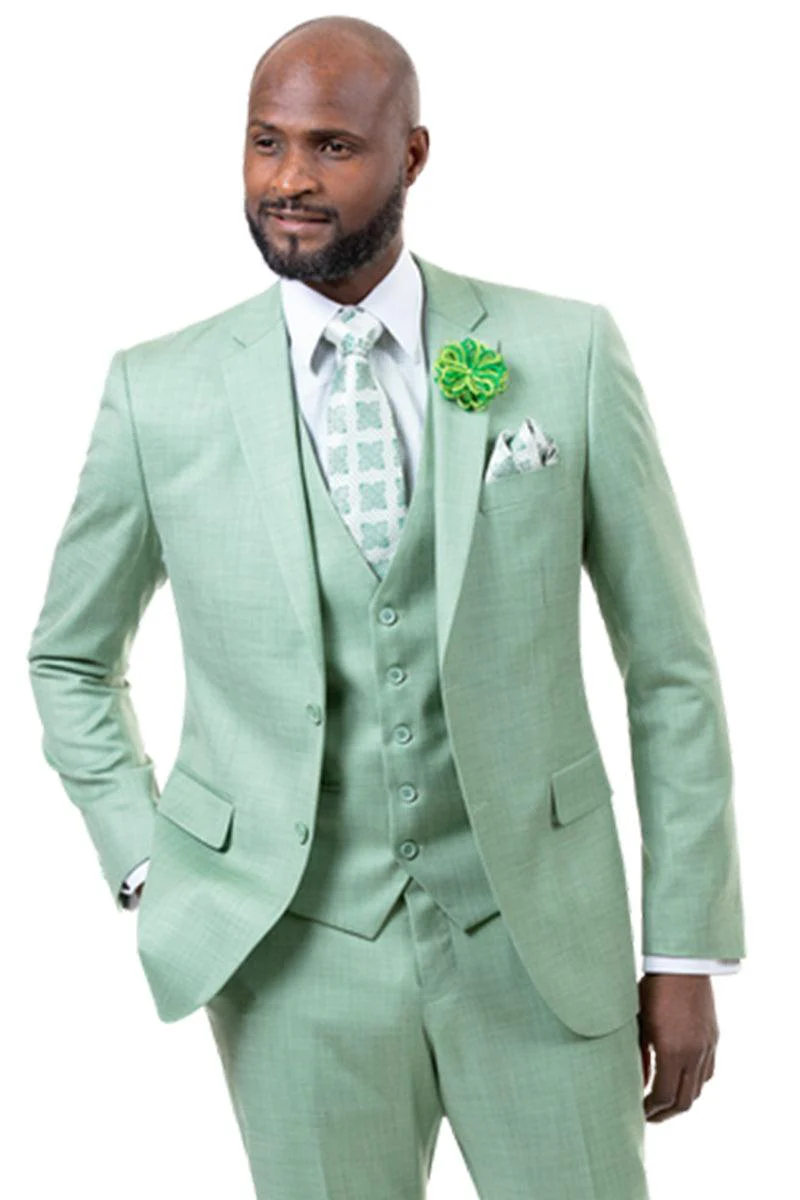 EJ Samuel Two-Button Vested Sharkskin Weave Business Suit - Moss Green