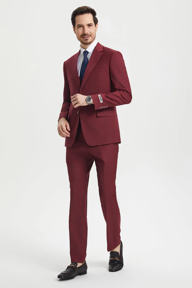 Men's Two Button Vested Stacy Adams Basic Designer Suit in Burgundy - Image 3