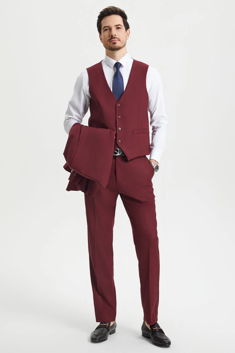 Men's Two Button Vested Stacy Adams Basic Designer Suit in Burgundy - Image 4