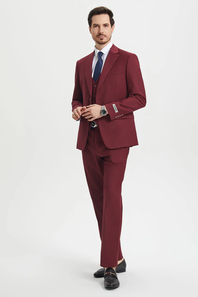 Men's Two Button Vested Stacy Adams Basic Designer Suit in Burgundy - Image 5