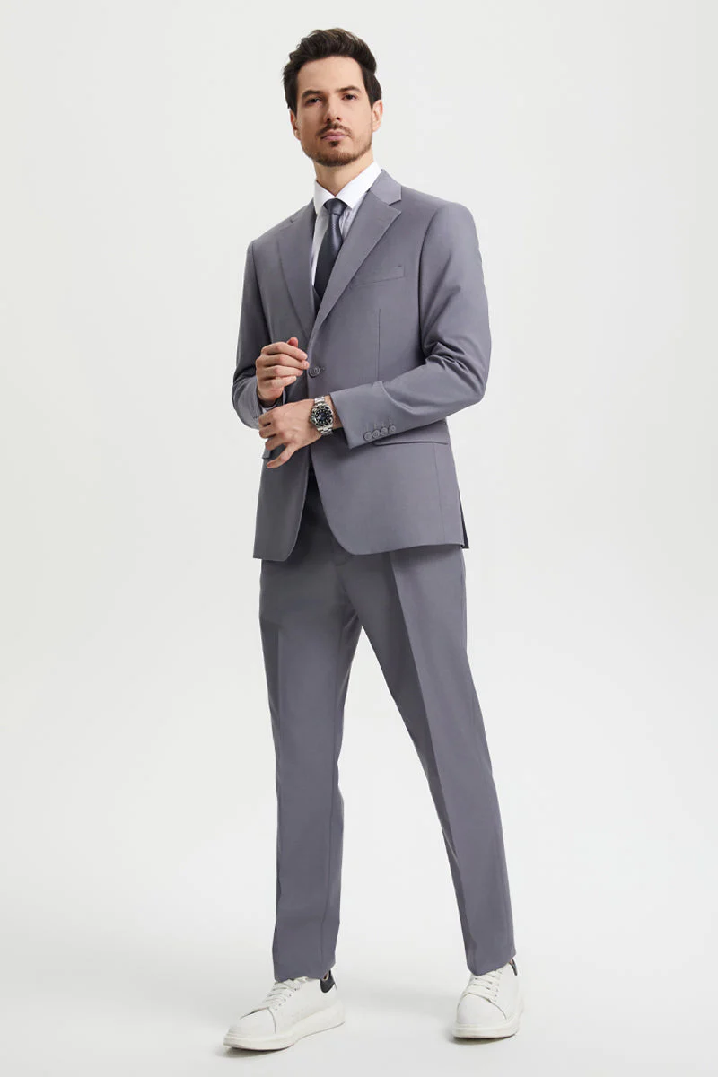Men's Two Button Vested Stacy Adams Basic Designer Suit in Medium Grey - Image 3