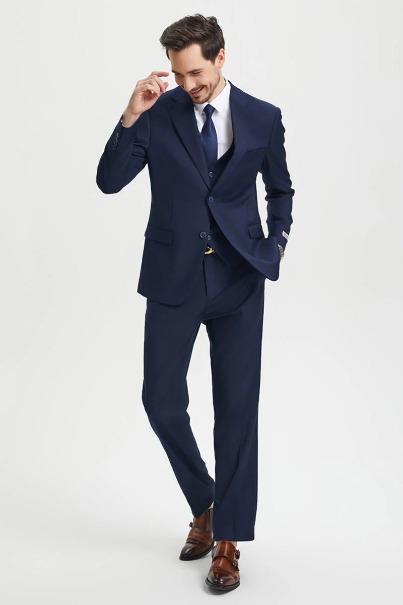 Men's Two Button Vested Stacy Adams Basic Designer Suit in Navy Blue - Image 3
