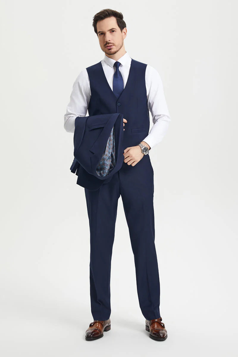 Men's Two Button Vested Stacy Adams Basic Designer Suit in Navy Blue - Image 4