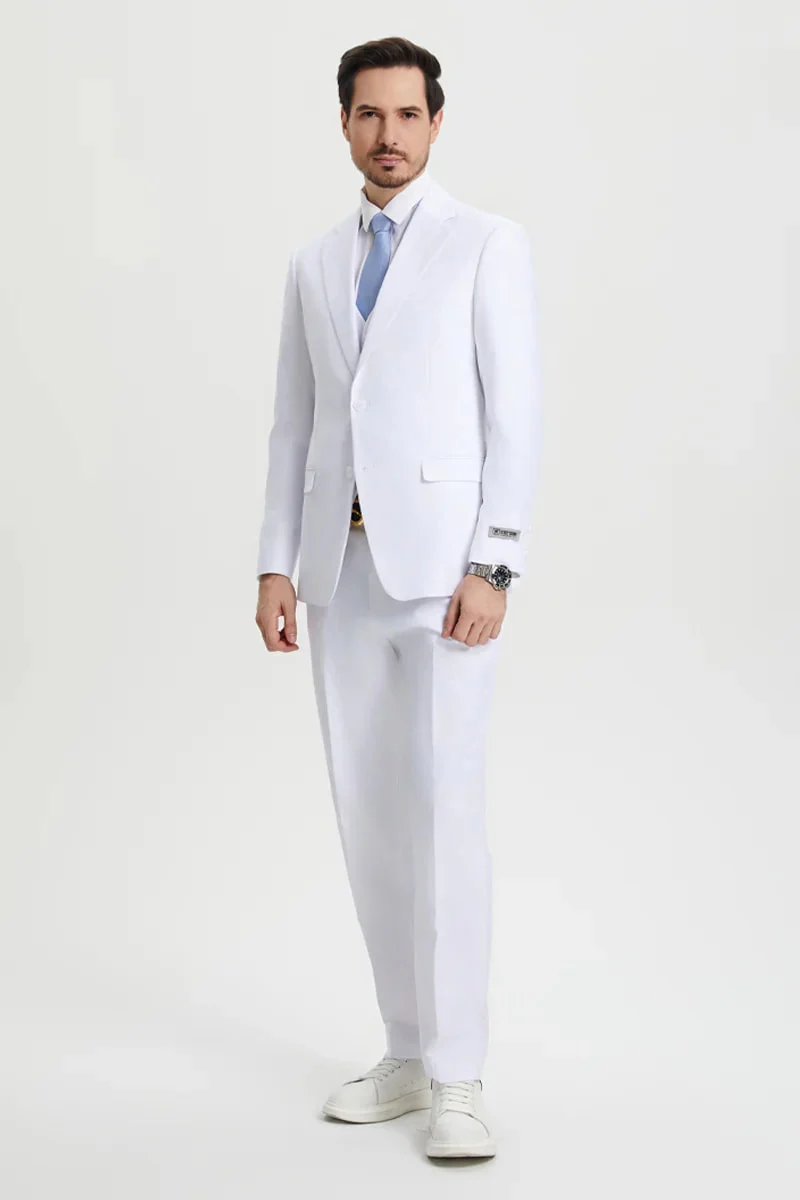 Men's Two Button Vested Stacy Adams Basic Designer Suit in White - Image 7
