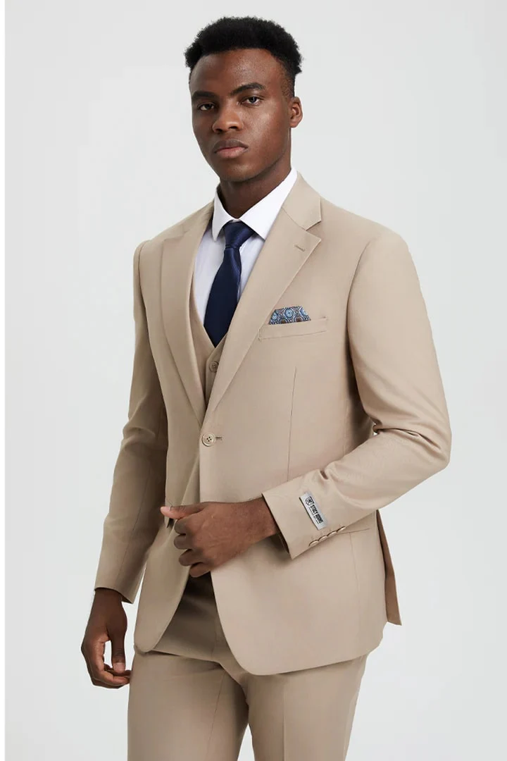 Men's Two Button Vested Stacy Adams Basic Designer Tan Suit - Image 3