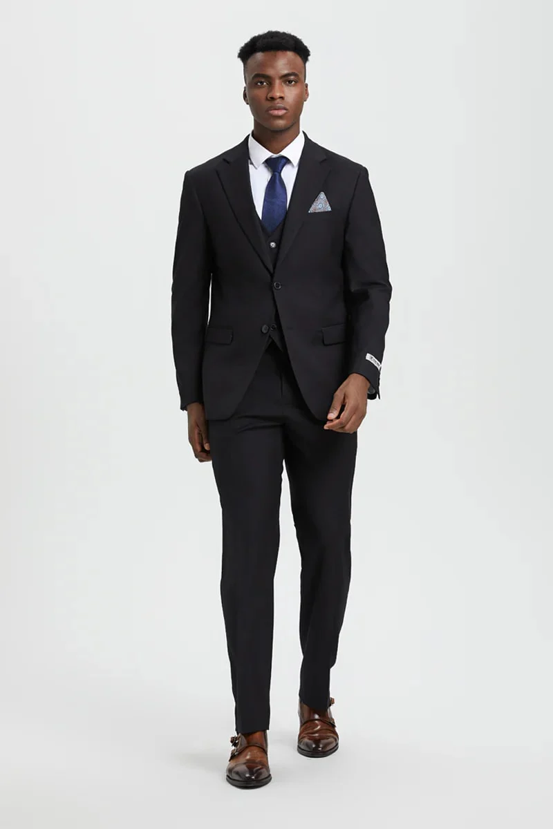 Men's Two Button Vested Stacy Adams Designer Basic Suit In Black - Image 5